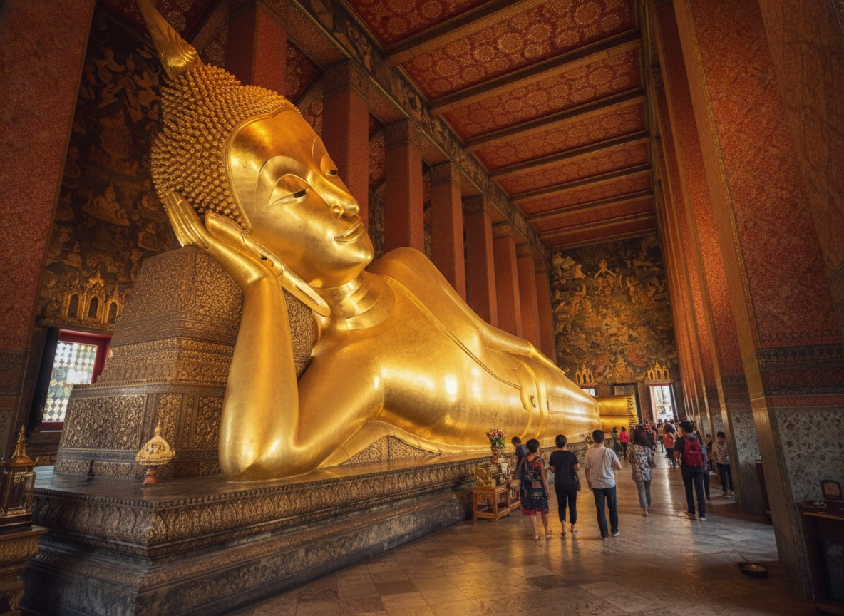 The famous golden Reclining Buddha at Wat Pho temple in Bangkok, Thailand