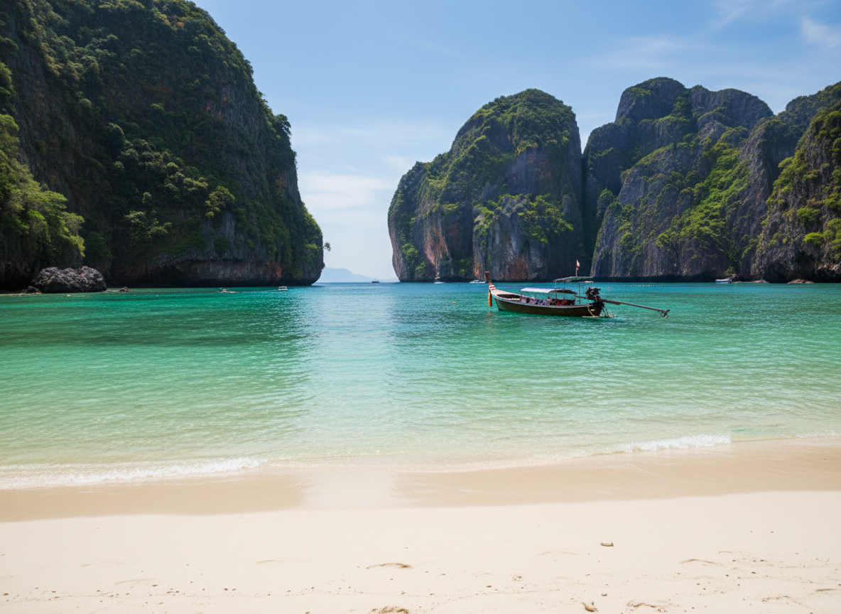 A stunning Phuket beach scene with crystal clear turquoise water, white sand, dramatic limestone cliffs in the background, and a bright blue sky with a few clouds. Tropical paradise, travel photography style.