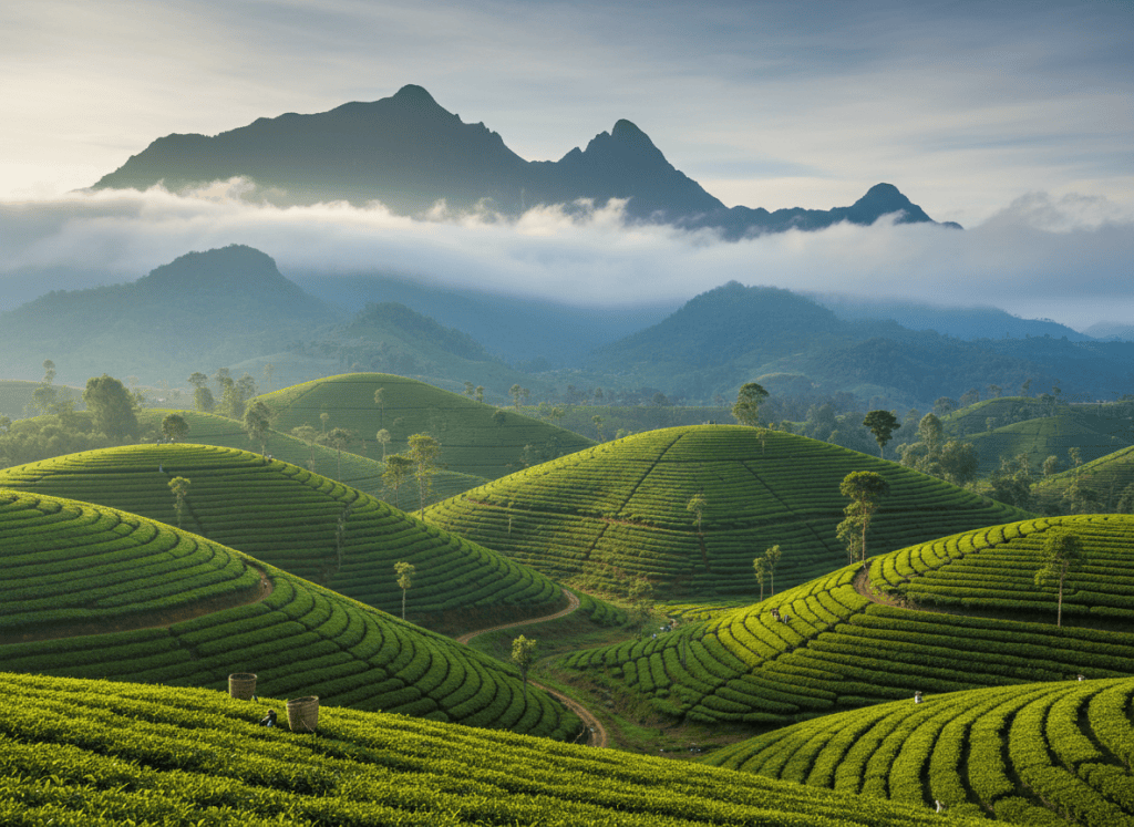 Sri Lanka lush green tea plantations rolling hills with misty mountains, premium travel photography