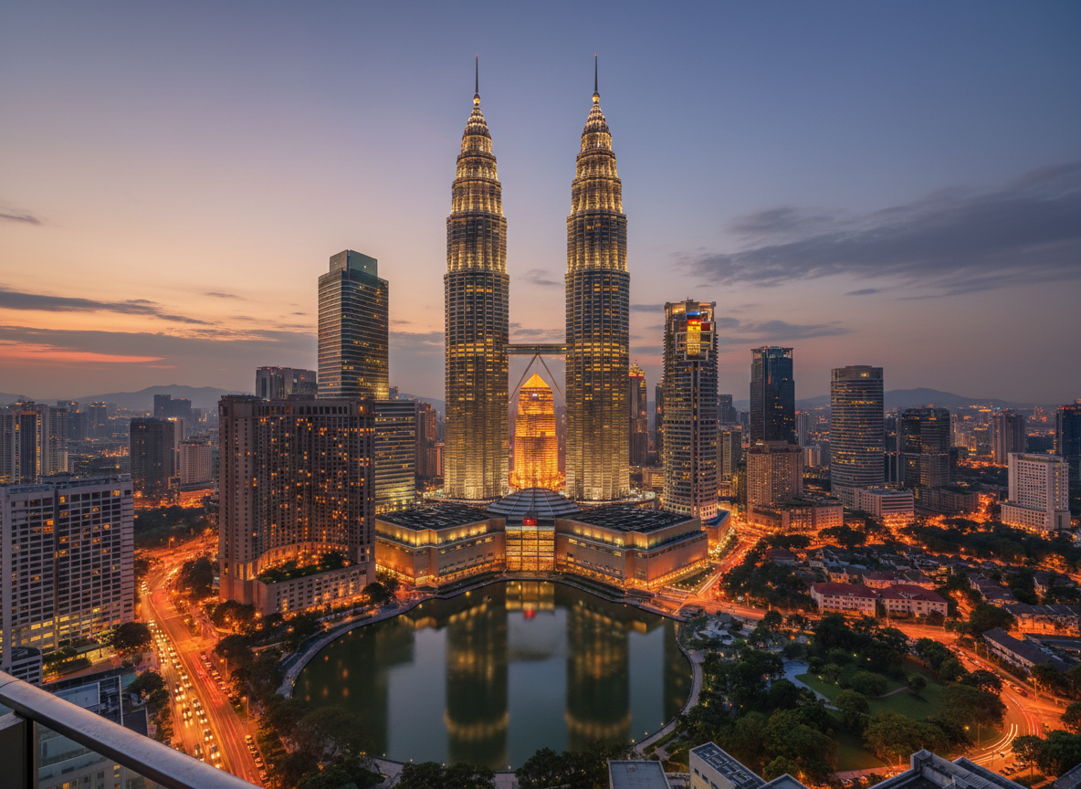Petronas Twin Towers Kuala Lumpur Malaysia skyline at dusk with warm city lights