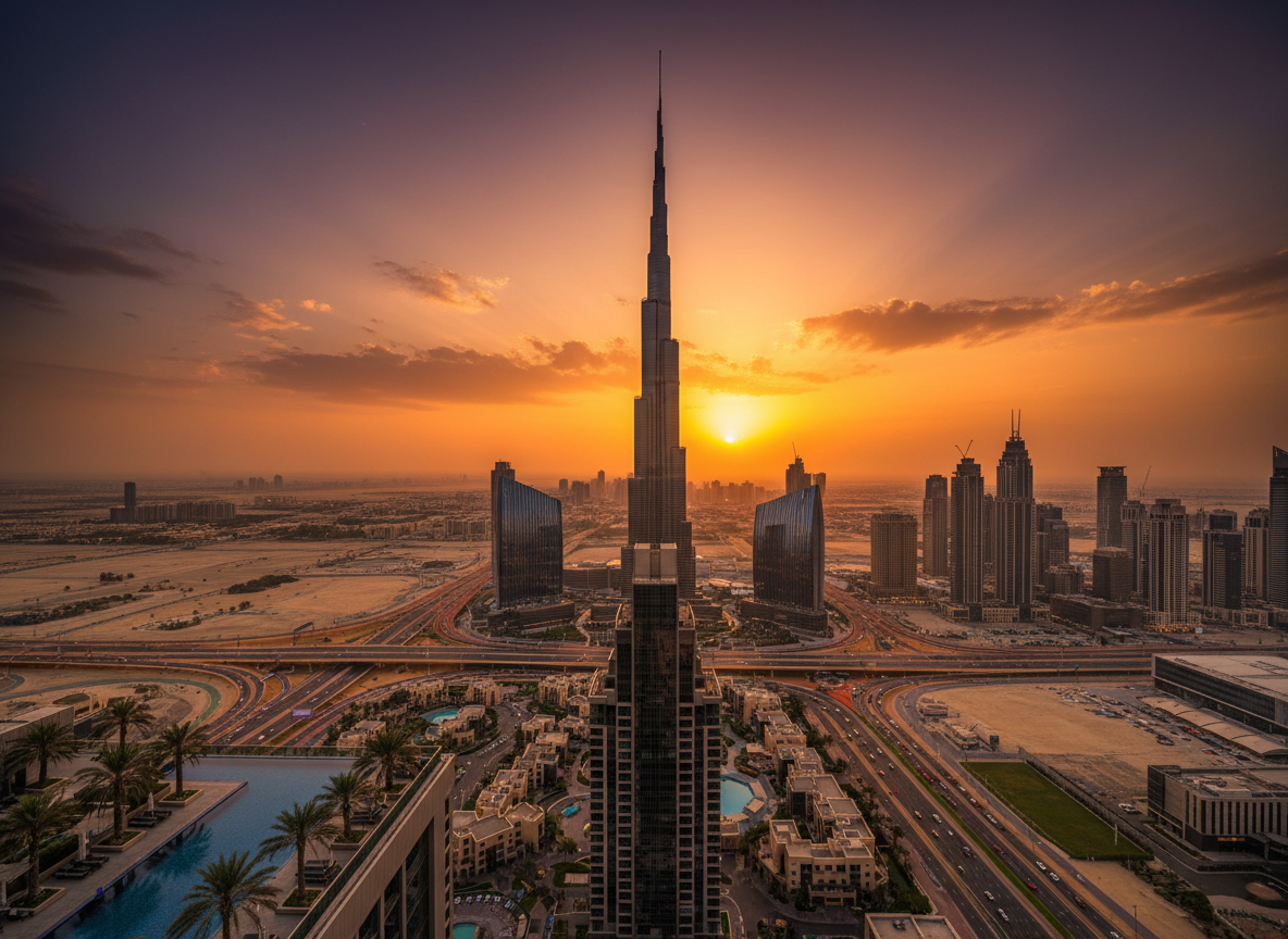 Dubai skyline with Burj Khalifa at sunset, modern luxury cityscape, golden desert light