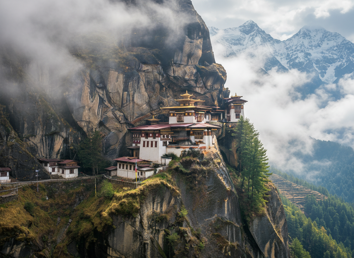 Bhutan Tiger's Nest monastery perched on a cliff amid Himalayan mountains and mist, serene spiritual landscape