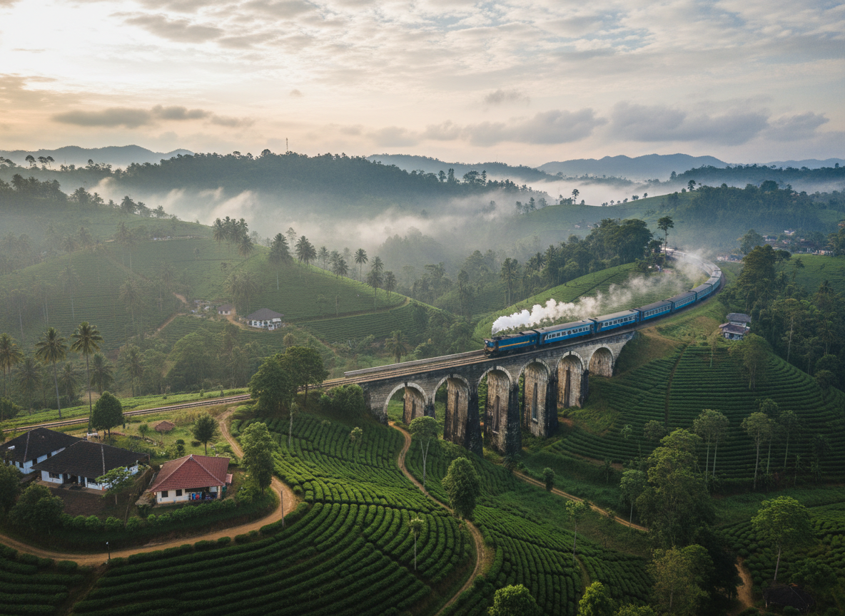 Sri Lanka Nine Arch Bridge with a train crossing lush green tea country hills, misty tropical scenery