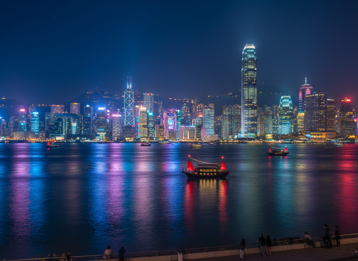 Hong Kong Victoria Harbour skyline at night with illuminated skyscrapers reflected in water