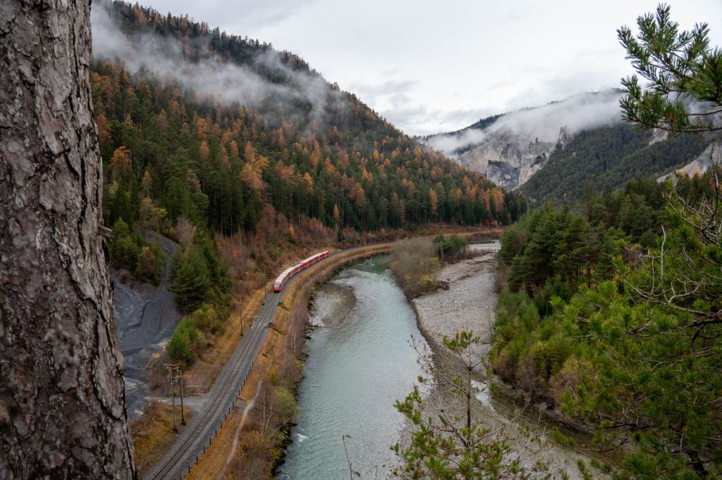 Scenic train journey through the Swiss Alps